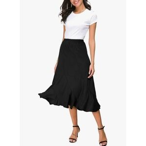 Exchic Women's XXL Black Sueded Pull-On Flounce A-Line Ruffle Hem Midi Skirt